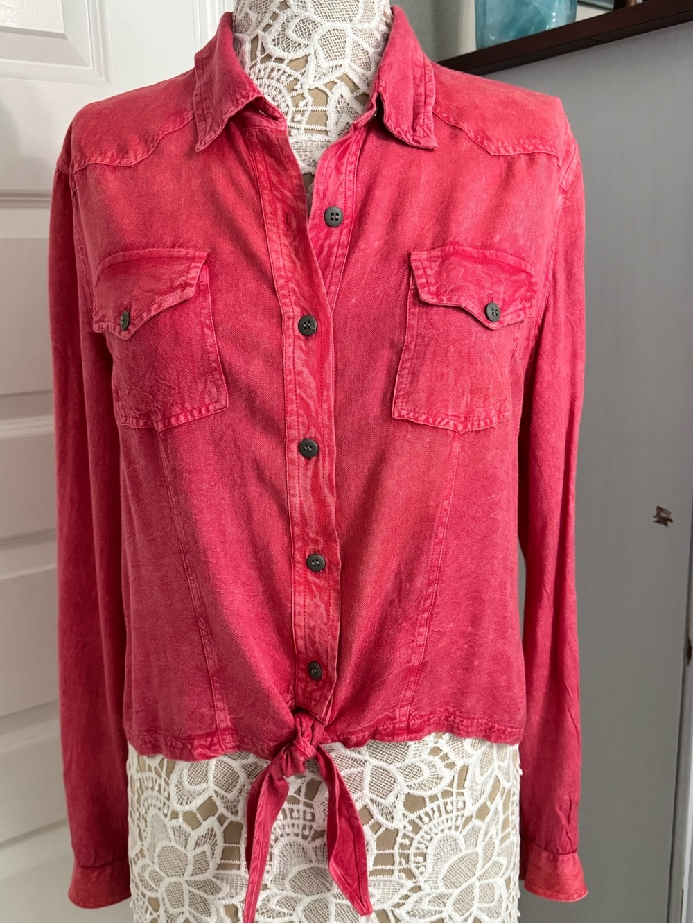 Acid Wash Tie Front Utility Button Down Shirt WallFlower Large